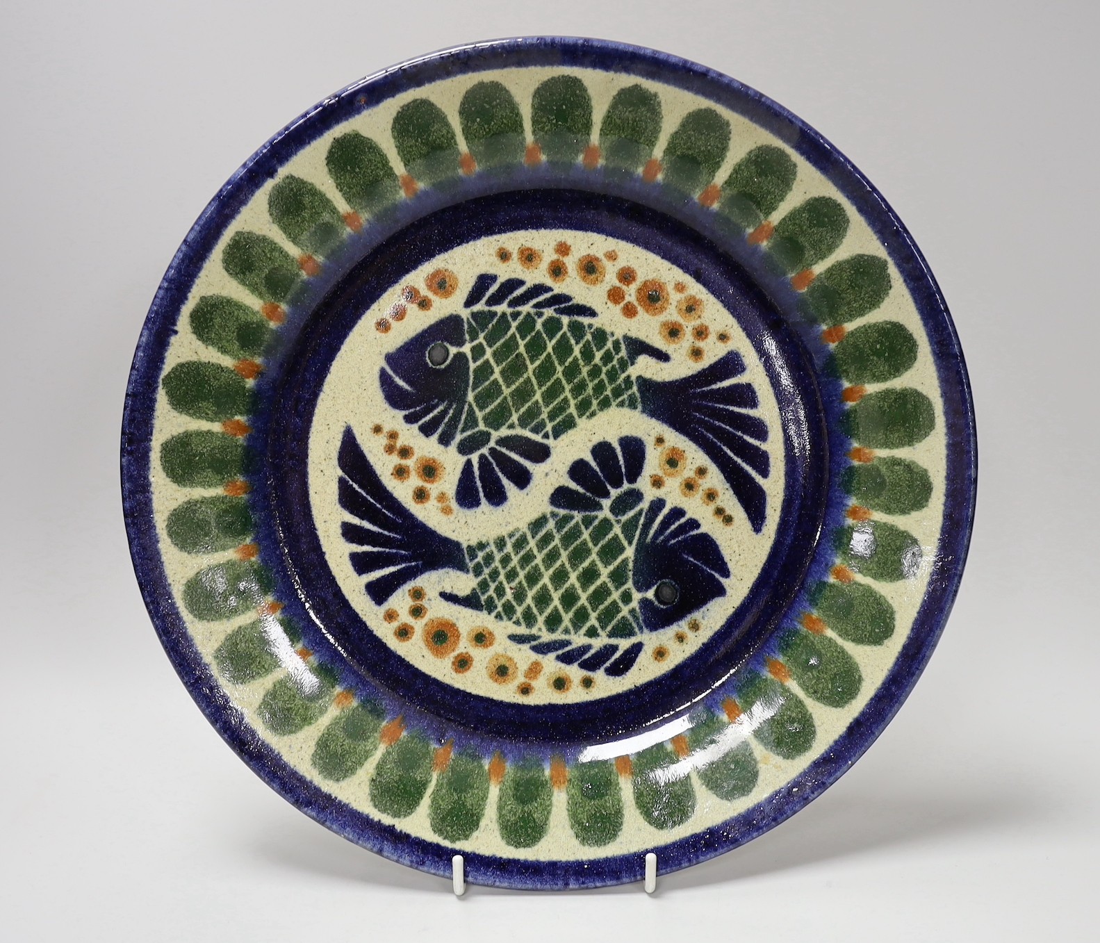 Barocco Valbonne - large painted dish, together with a Casa dos Oleiros Portuguese plate, largest 35cm across
